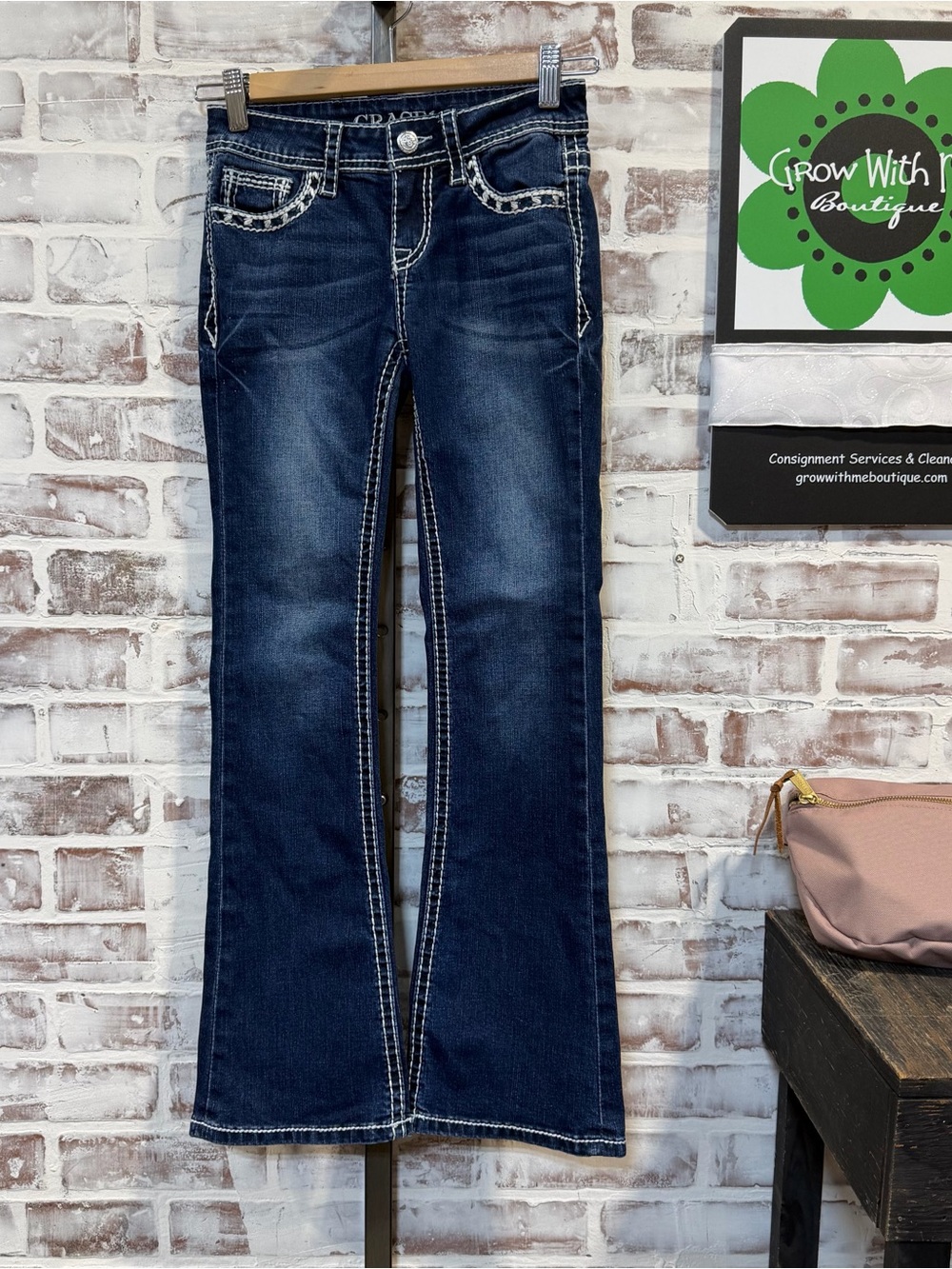 Grace in LA Dark Blue Girls' Bootcut Jeans with Contrast Stitching